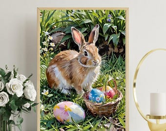 Bunny Portrait Art Print: Antique Easter Rabbit Scene (Digital Download)