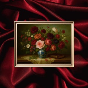 Stampa di natura morta con rose malinconiche – bouquet di rose rosse, rosa e salmone con petali cadenti – download di arte floreale vintage da parete #MSL13