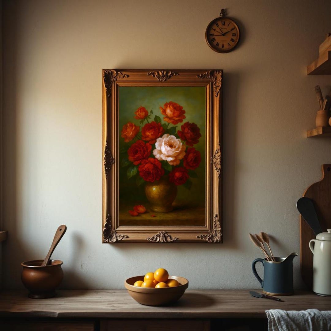 Baroque Rose Bouquet Print Moody Floral Still Life With Pink, Red, and ...