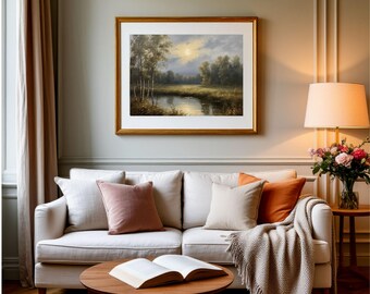 Moonlit Meadow Oil Painting: Vintage River Landscape Art Print (Digital Download)