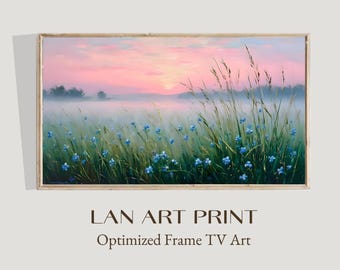Blue Wildflowers Meadow Sunrise – Printable Rustic Nature Wall Art – 16:9 TV Frame Digital Download - Lan Art Print #TV13
