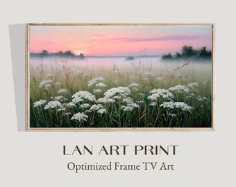 Pastel Sunrise Meadow – Misty Field with White Wildflowers – TV Frame Art 16:9 Digital Print #TV15