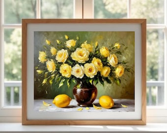 Stampa ad olio di rosa gialla – Natura morta con limone – Arte murale vintage con impasto floreale – FIORI e BOTANICA #FB16