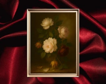 Moody Rose Still Life Print: Baroque Floral Wall Art (Digital Download)