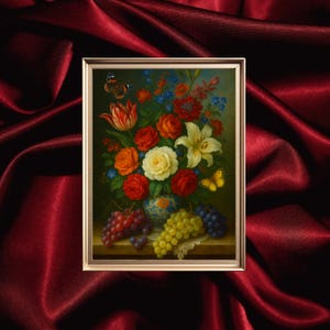 Natura morta floreale barocca con uva – bouquet con giglio, tulipano e farfalle – stampa d'arte murale olandese vintage, download digitale #MSL15