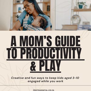 Könnte beinhalten: Buchcover mit dem Titel "A Mom's Guide to Productivity & Play". Das Bild zeigt eine Frau mit Brille, die ein Baby hält. Der Text unter dem Titel lautet: "Kreative und unterhaltsame Möglichkeiten, Kinder im Alter von 3-10 Jahren zu beschäftigen, während Sie arbeiten."