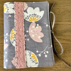 Floral Mini Notebook and Cover / Mini Notebook Cover / Quilted Notebook / Small Purse Notebook / Gray and Pink Floral Notebook