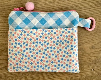 Pink and Blue Pouch / Cute Card Zipper Pouch / Key Chain Coin Purse/ Handmade ID Case / Card Case / Handmade Pouch