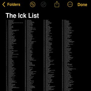 Puede incluir: Una lista en blanco y negro de cosas que hay que evitar hacer, titulada "The Ick List". La lista está dividida en tres columnas e incluye más de 200 elementos.