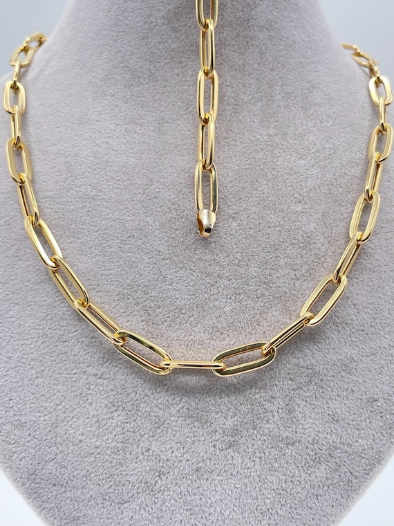 18K Solid Gold Paperclip Chain Necklace & Bracelet Set - 6.2MM