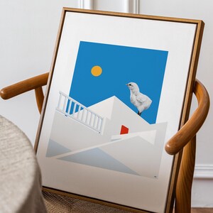 Póster digital decorativo imprimible A3: Polluelo paseando por Grecia