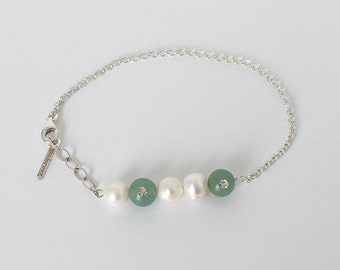 Aventurine and Pearl Bead Bracelet with Rhinestone Accents