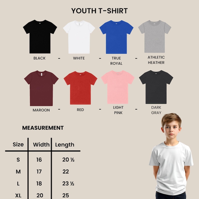 May include: A youth t-shirt colour chart displaying eight options: black, white, true royal, athletic heather, maroon, red, light pink, and dark grey. A measurement table lists sizes S, M, L, and XL with corresponding width and length in inches.