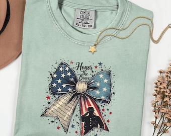 Comfort Colors Patriotic Bow T-Shirt: Memorial Day, 4th of July USA Flag Tee