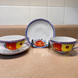 Japanese Hand Painted Tea Cups and Matching Saucers - set of 2