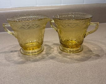 Vintage Federal Glass Patrician (Spoke) Pattern Amber Yellow Cream and Sugar Set