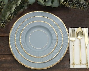 Dusty Blue Gold Rim Paper Plates| Set of 25