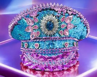 Embellished Captain Hat Pink and Blue Sequin Rhinestone and Heart Pendants
