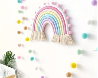 Rainbow Pastel Hand Woven  Bohemian  Hanging WITH 80" pastel ball garland  | 9X7 inches | 8 rows