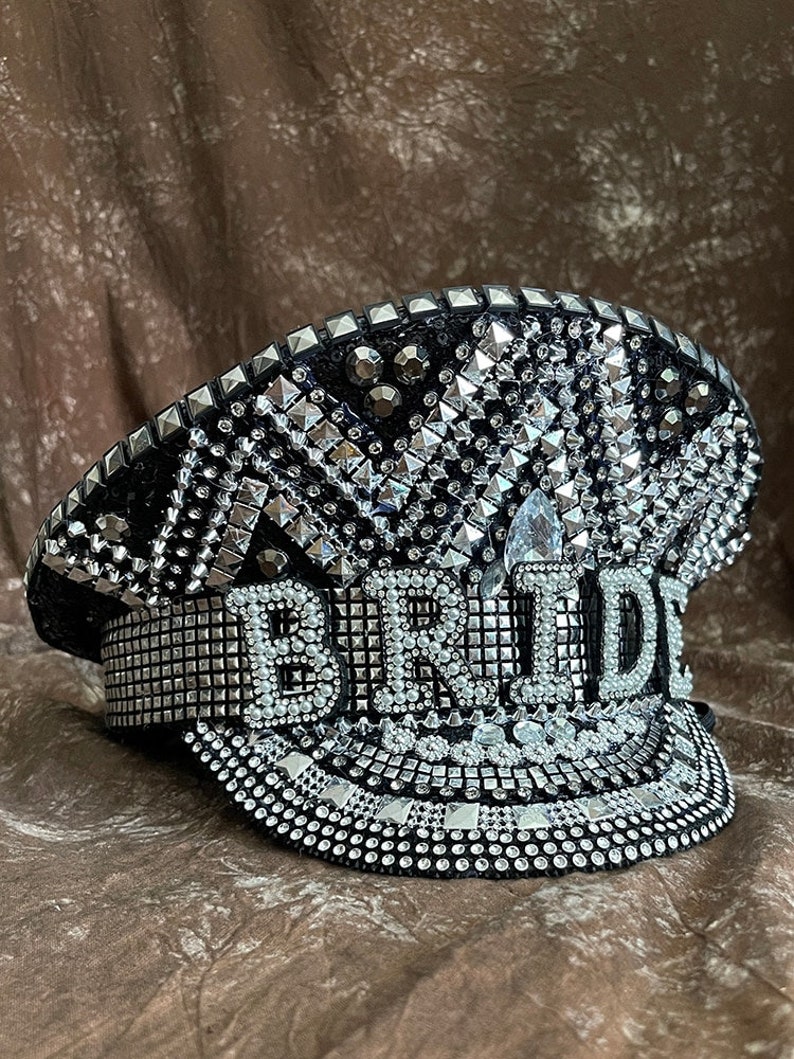 Bridal Luxury Glam Captain Cap/ Embellished Bachelorette Military Hat/Gold Silver or Black or Blush BLACK