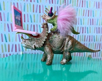 Dino Girl Computer Wiz Cake Topper | Triceratops