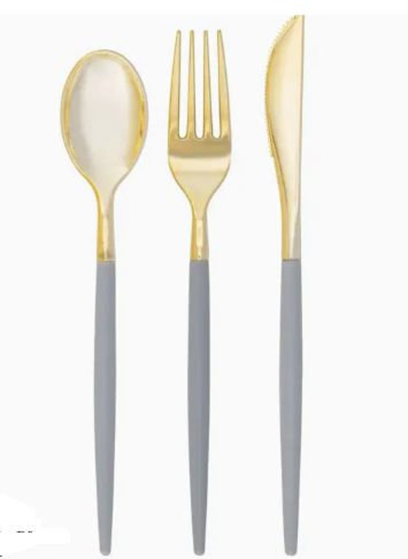 Grey & Gold Sleek Shiny UtensilsDisposableSet of 32 image 2