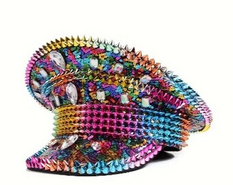 Rainbow Captain Hat | rainbow sequins | rainbow studs | rhinestone embellishments