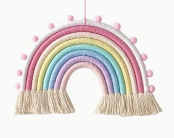 Rainbow Pastel Hand Woven  Bohemian  Hanging WITH 80" pastel ball garland  | 9X7 inches | 8 rows