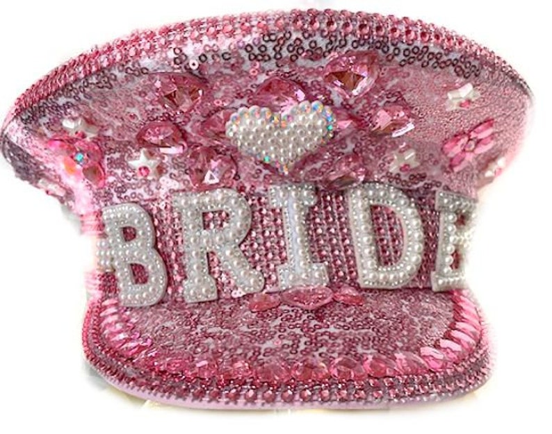 BRIDE Pink Captain's Cap sequins and Rhinestones Bachelorette BRIDE Cap image 1