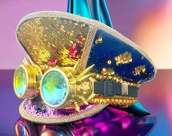 Steampunk Rave Captain Hat | Reverse Sequines | Prism Lense Spiked Goggles