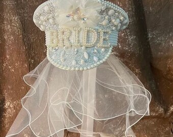 Bridal Glammed Military cap WITH detachable double Pearl veil