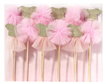 Pink Tulle and Gold Ballerina Cake Toppers-set of 12