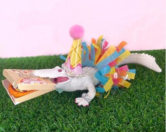 Alligator Pizza Delivery Girl  | 5 Gator Cake Candle Toppers | 1 Swamp Birthday Balloon