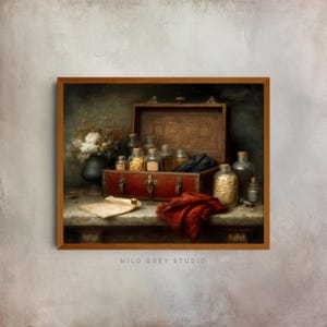 Rustic Apothecary Still Life - Vintage Travel Case Art, Moody Cottagecore Decor, Printable Old Bottles and Books, Wall Art Painting 120