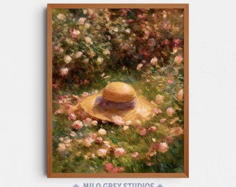 Straw Hat Among Pink Roses Impressionist Pastoral Floral Art (Digital Download) 366