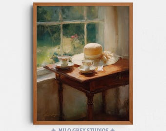 Sunlit Teacups and Straw Hat by Window, Cozy Cottagecore Impressions (Digital Download) 363