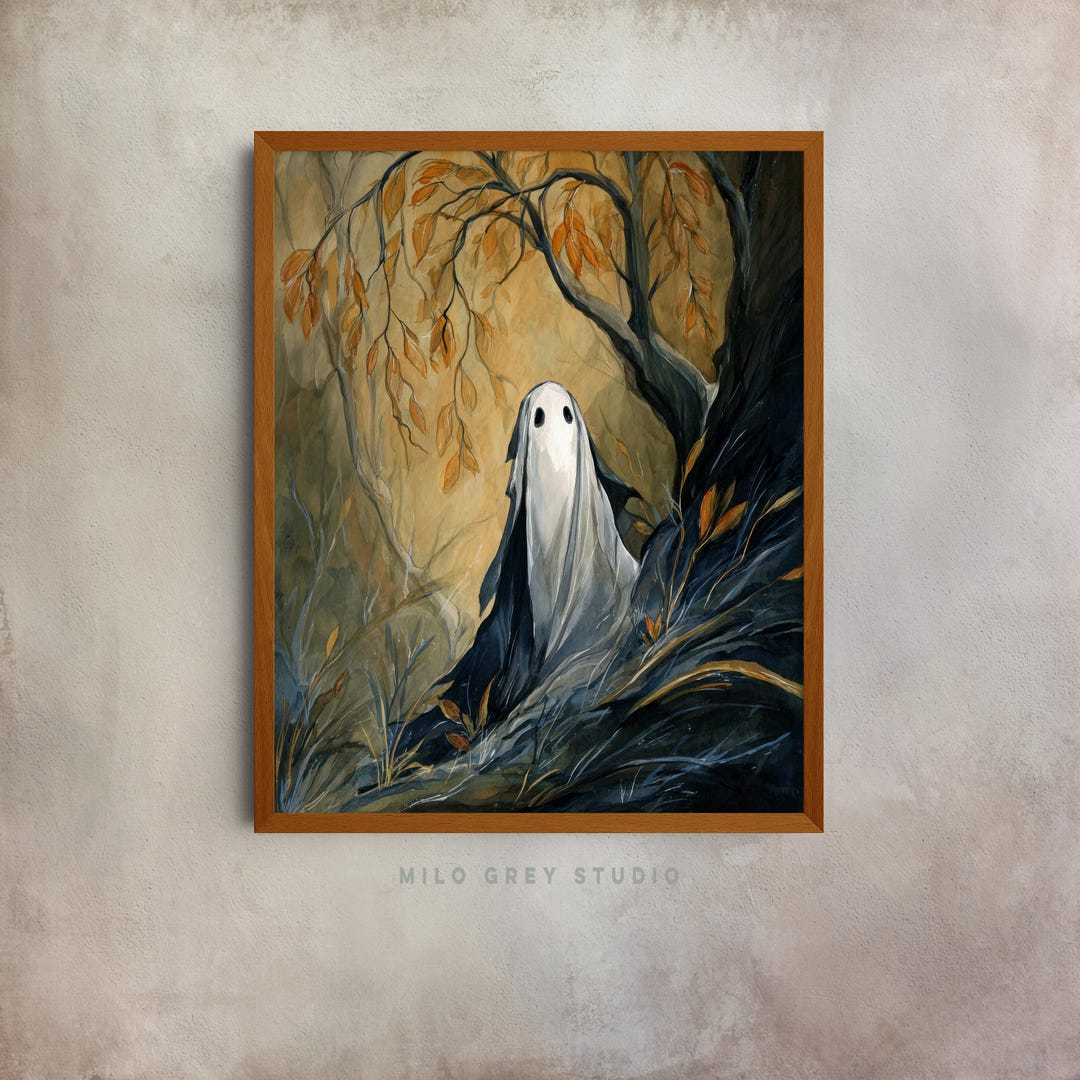 Spooky Sheet Ghost on Hillside Painting, Moody Autumn Decor (digital ...