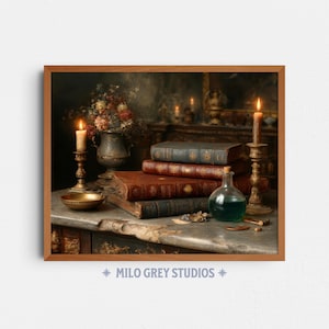 Vintage Still Life Painting, Antique Books and Candles Art, Moody Decor (Digital Download) 117