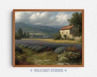 Rustic Stone Farmhouse and Lavender Field Landscape Art (Digital Download)