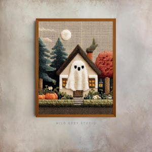 Vintage Halloween Ghost Cottage Art - Printable Fall Decor, Rustic Haunted House, Embroidered Style Autumn Artwork, Spooky Wall Print 67