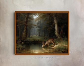 Rustic Woodland Scene with Roe Deer - Vintage Nature Art, Printable Forest Stream Painting, Cottagecore Wall Decor, Digital Art Print 32