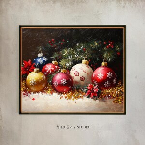 Vintage Christmas Ornament Painting - Festive Holiday Wall Art, Glittering Baubles, Christmas Decor, Printable Digital Download 270