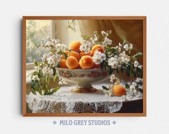 Vintage Fruit Still Life with Apricots in Ornate Bowl, Cottagecore Art (Digital Download) 48