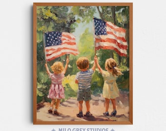 Patriotic July 4th Kids with Flags, Independence Day Wall Art (Digital Download) 382