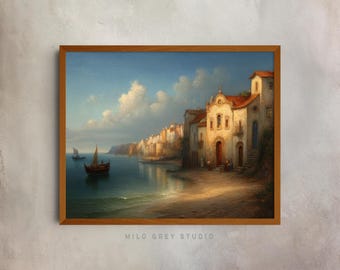 Vintage Coastal Village Scene - Portuguese Fishing Boats, Rustic Seaside Oil Painting, Charming Landscape Wall Art, Printable Decor 123