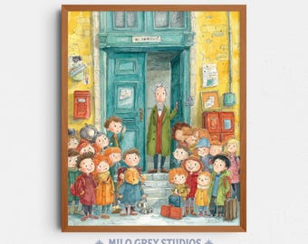 Vintage Classroom Scene, Teacher Welcoming Students, Cozy Decor (Digital Download) 101