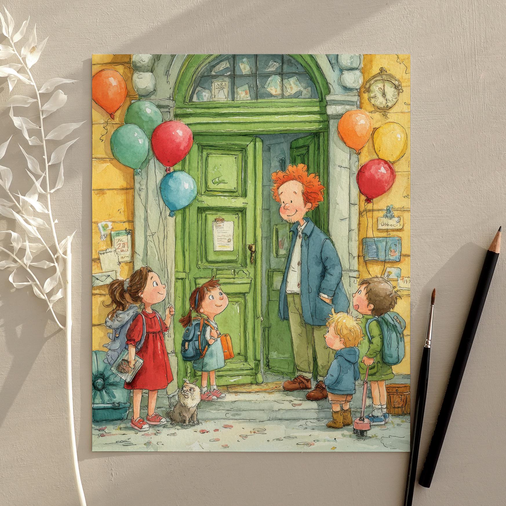 Hand-drawn Classroom Scene, Teacher Welcoming Kids, Watercolor Art ...