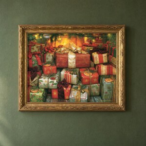 Vintage Christmas Presents Still Life Print, Stacked Gift Boxes Painting, Red and Gold Holiday Decor, Printable Wall Art, Living Room 16
