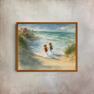 Jeugdavontuur aan de kust in de zomer - vintage strandtafereel, aquarelprint, kunst aan de muur aan zee, nostalgisch zomerdecor, afdrukbare kunst 96