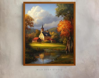 Sunlit Country Church Painting, Rustic Autumn Landscape Wall Art (Digital Download) 43